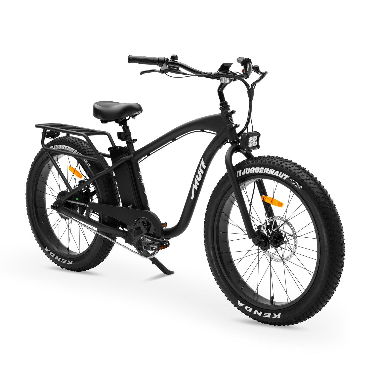 A three-quarters studio view of The Alpha Murf fat tire e-bike, highlighting its frame and handlebars.