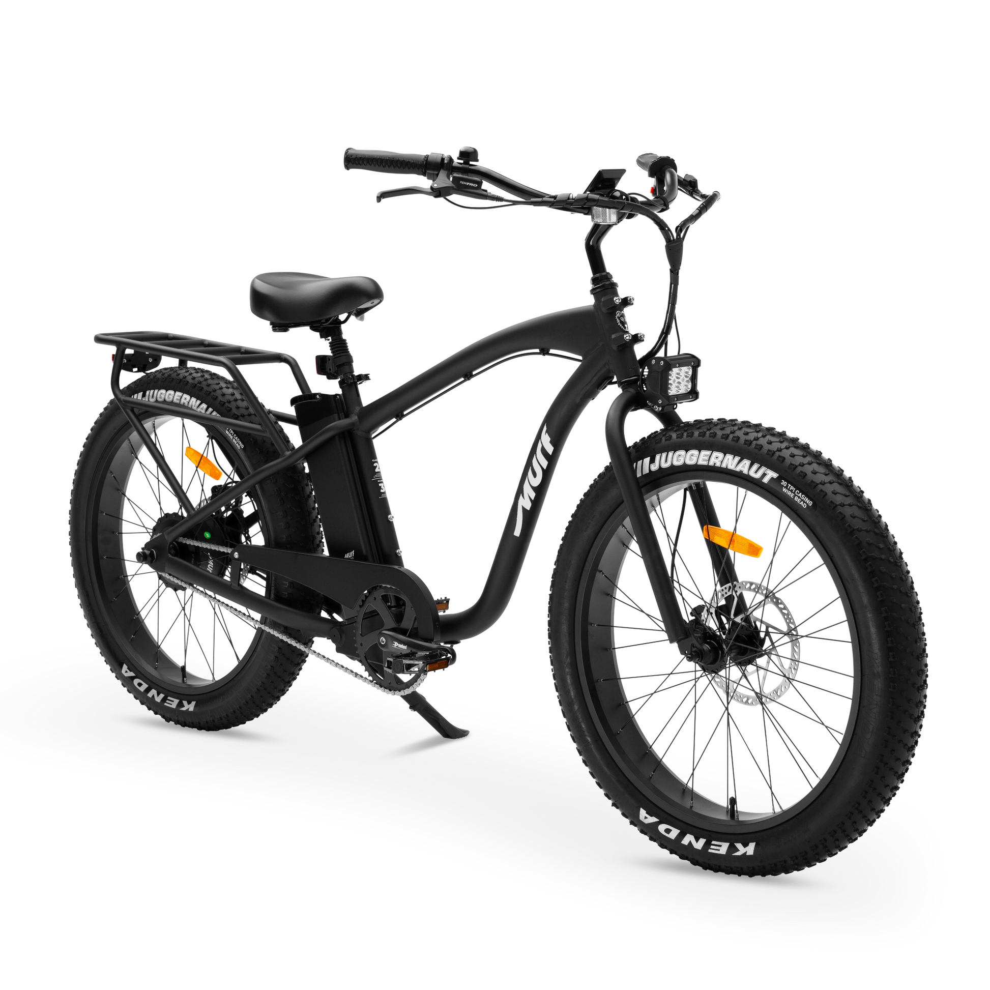 A three-quarters studio view of The Alpha Murf fat tire e-bike, highlighting its frame and handlebars.