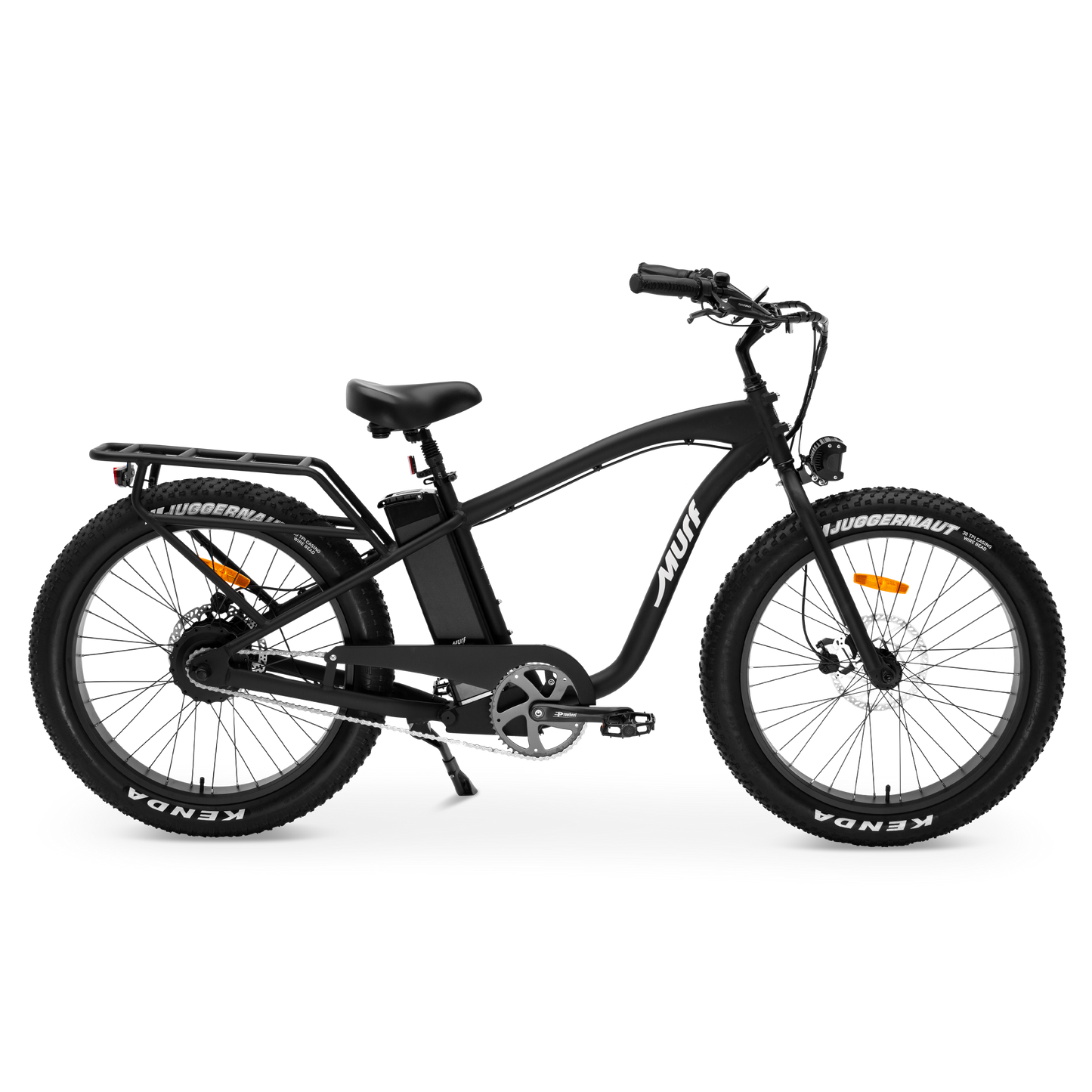 The Alpha Murf fat tire electric bike in black, shown from the side in a studio view.
