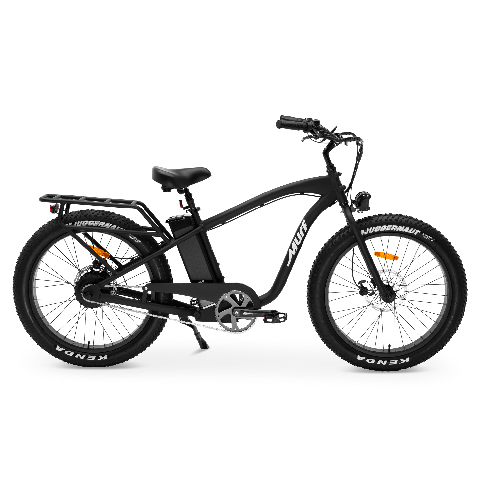 The Alpha Murf fat tire electric bike in black, shown from the side in a studio view.