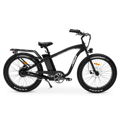 The Alpha Murf fat tire electric bike in black, shown from the side in a studio view.