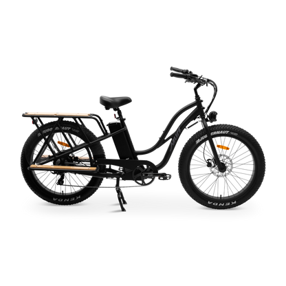 Obsidian Black Alpha Cargo e-bike side view showing rugged frame construction