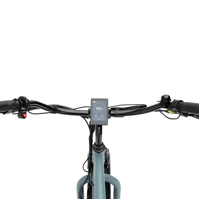 Riders Perspective Bicycle handlebar with digital display on a white background