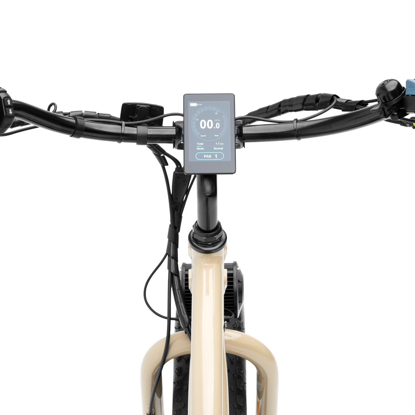 LCD digital display screen showing speed, battery level, and assist mode on Alpha Cargo