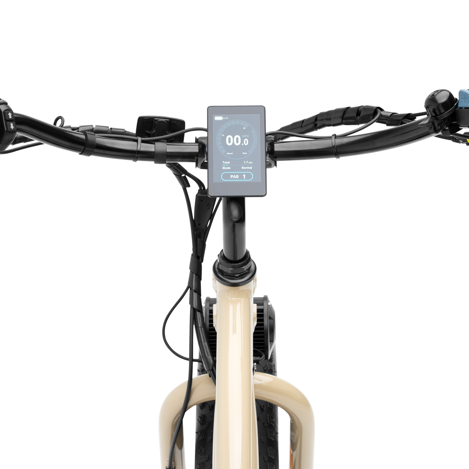 LCD digital display screen showing speed, battery level, and assist mode on Alpha Cargo