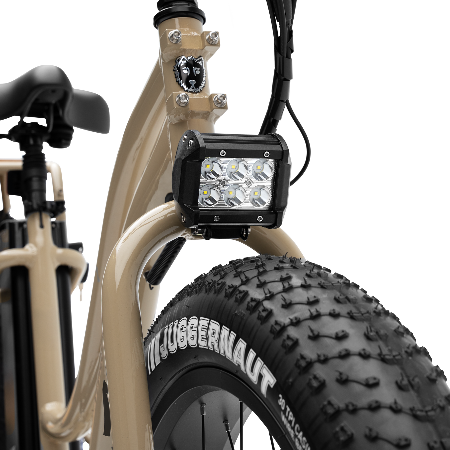1080-lumen off-road LED headlight integrated onto Alpha Cargo electric bike fork