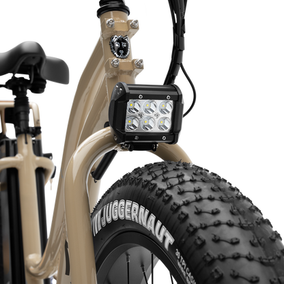 1080-lumen off-road LED headlight integrated onto Alpha Cargo electric bike fork