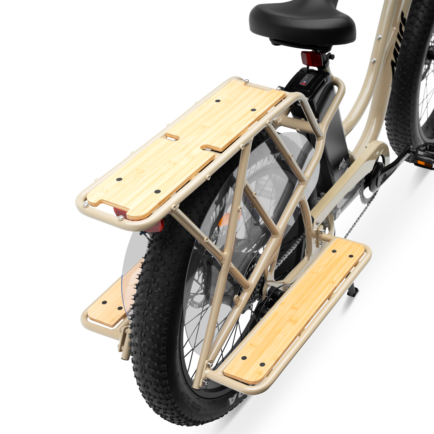 Integrated aluminum rear cargo platform with bamboo deck on Alpha Cargo e-bike
