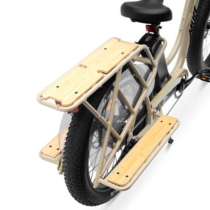 Integrated aluminum rear cargo platform with bamboo deck on Alpha Cargo e-bike