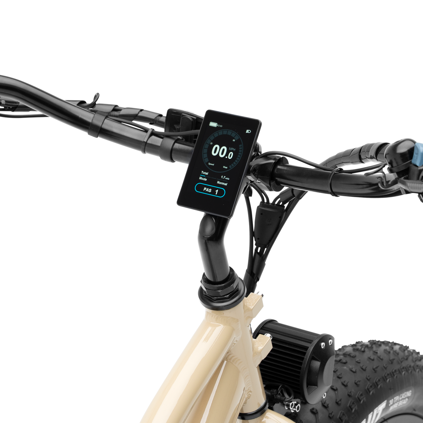 Alpha Cargo e-bike handlebars with digital display, throttle, and hydraulic brake levers