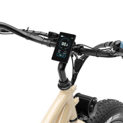 Alpha Cargo e-bike handlebars with digital display, throttle, and hydraulic brake levers