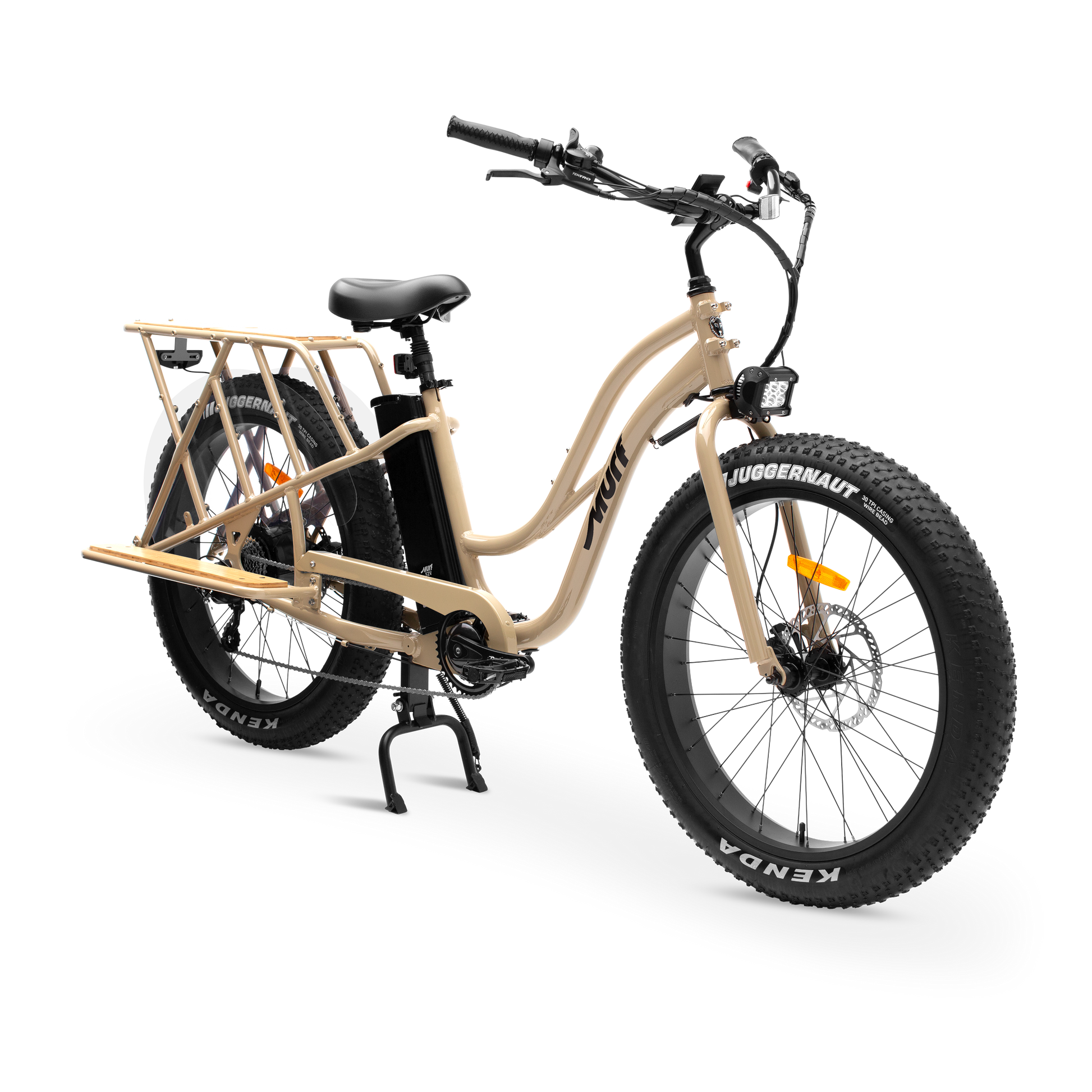 Desert Sand Gloss Alpha Cargo Class 2 Electric Utility Bike three-quarter studio view with bamboo platform

