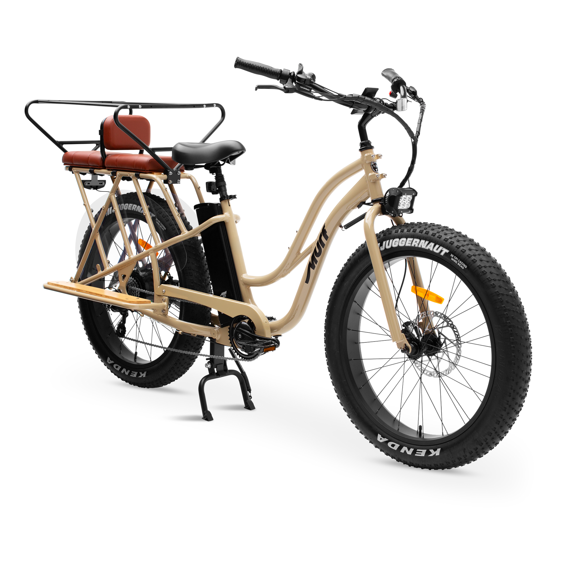 lpha Cargo E-Bike equipped with passenger seat pad and safety bars for family transport