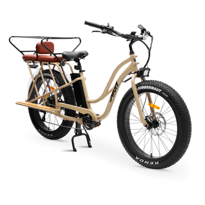 lpha Cargo E-Bike equipped with passenger seat pad and safety bars for family transport