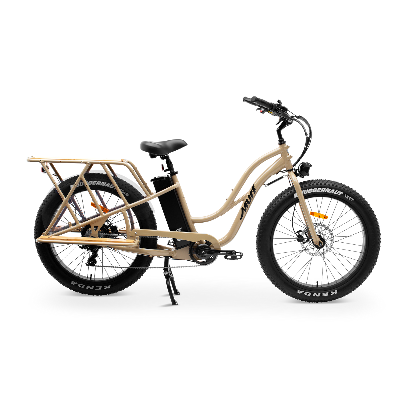 Side profile of Alpha Cargo Electric Bike in Desert Sand showing low step-over frame and long wheelbase