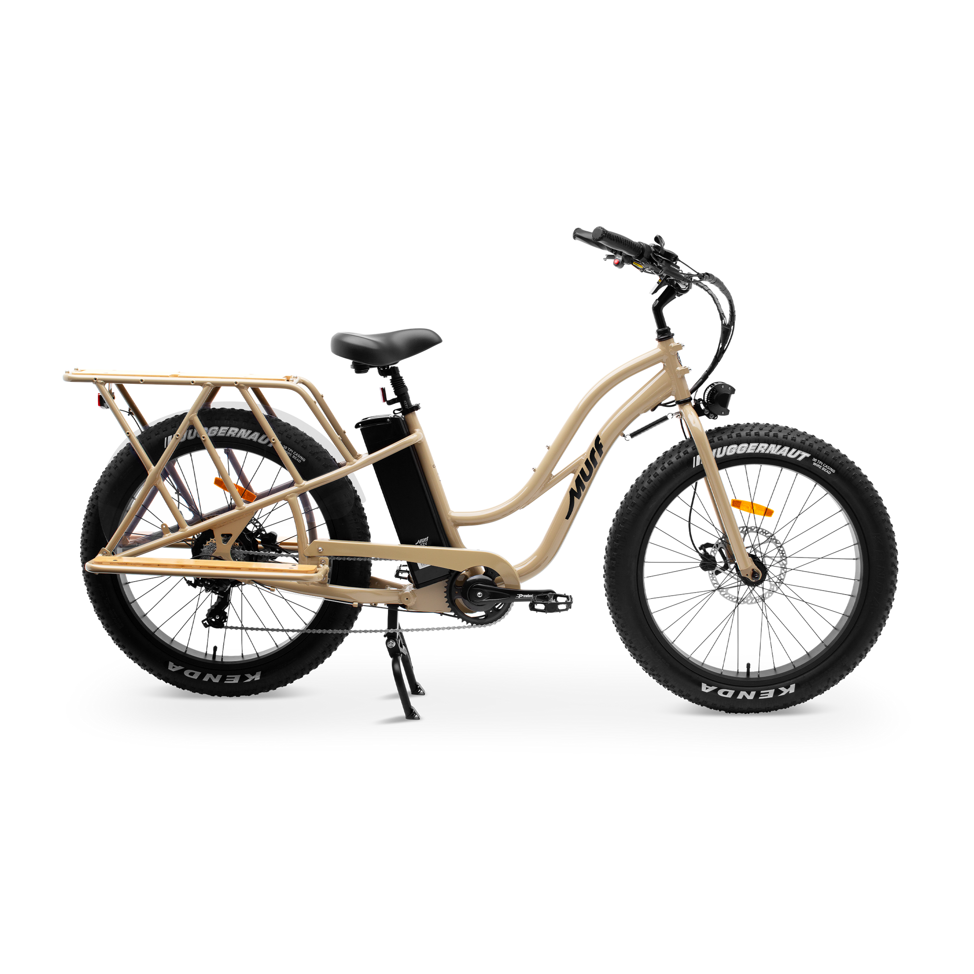 Side profile of Alpha Cargo Electric Bike in Desert Sand showing low step-over frame and long wheelbase