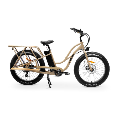 Side profile of Alpha Cargo Electric Bike in Desert Sand showing low step-over frame and long wheelbase