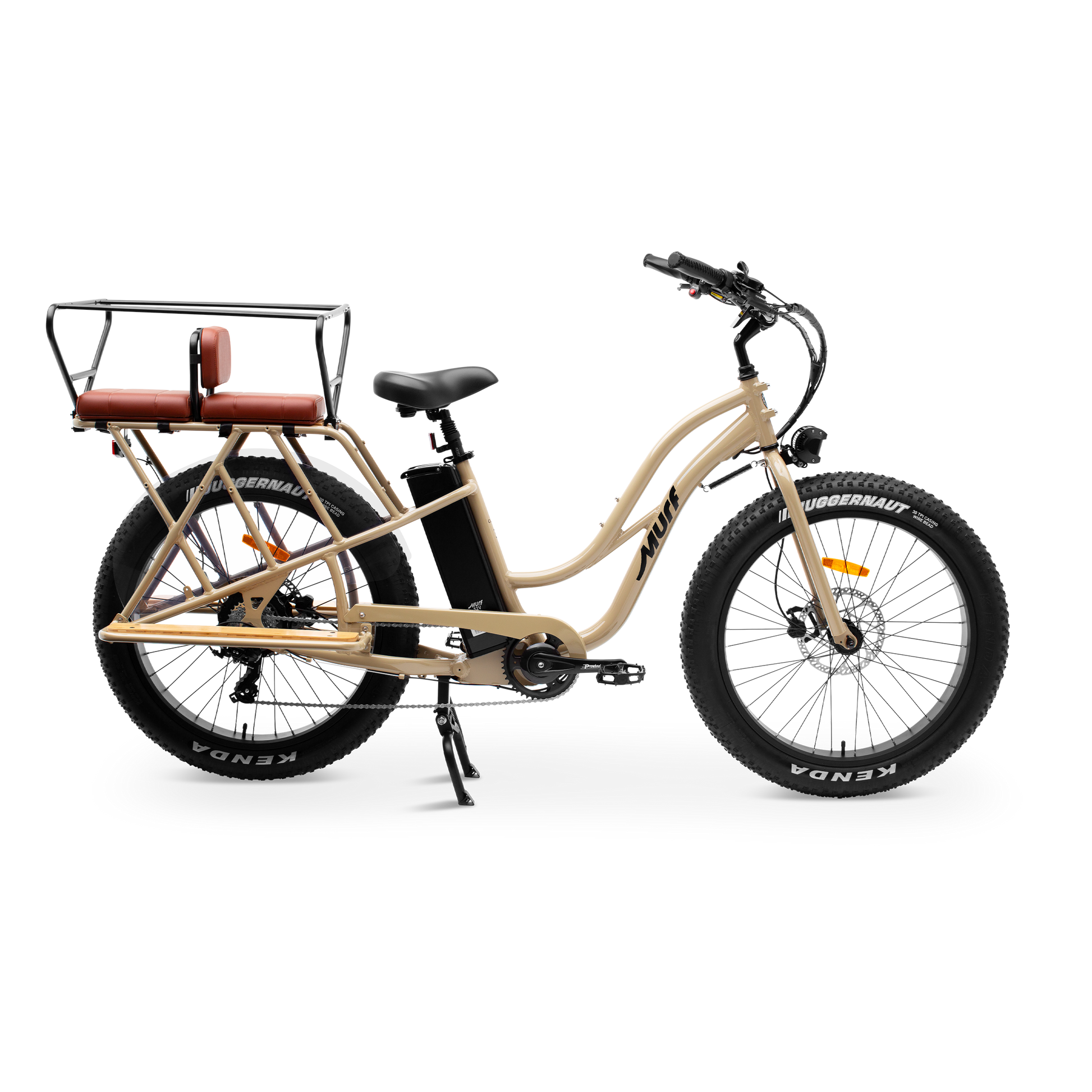 side view of Alpha Cargo E-Bike equipped with passenger seat pad and safety bars for family transport