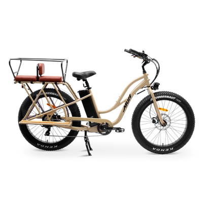 side view of Alpha Cargo E-Bike equipped with passenger seat pad and safety bars for family transport