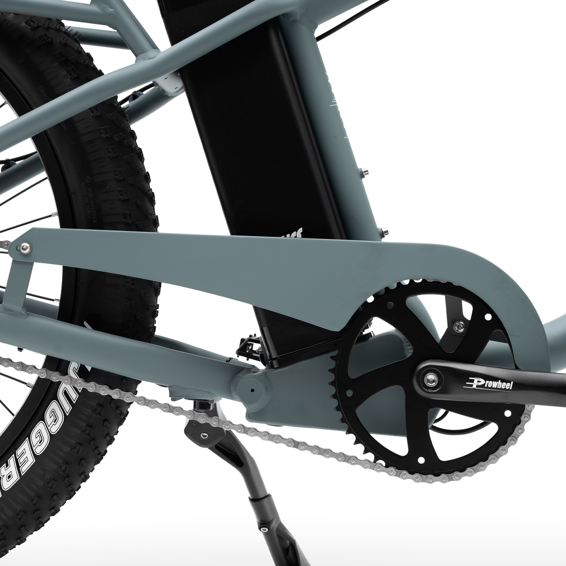 Detailed close-up of The Alpha Murf's 52-volt, 1040 watt-hour frame-integrated battery.