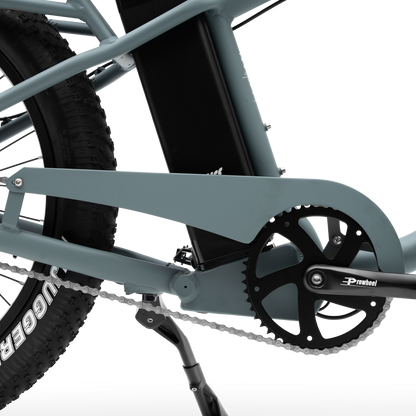 Detailed close-up of The Alpha Murf's 52-volt, 1040 watt-hour frame-integrated battery.