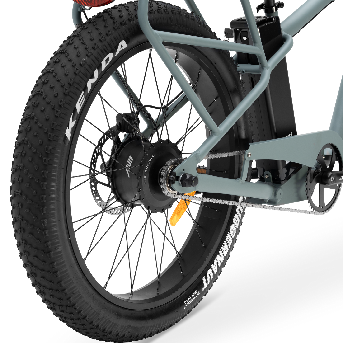Close-up of The Alpha Murf's 26-inch by 4-inch Kenda fat tire and rear fork.