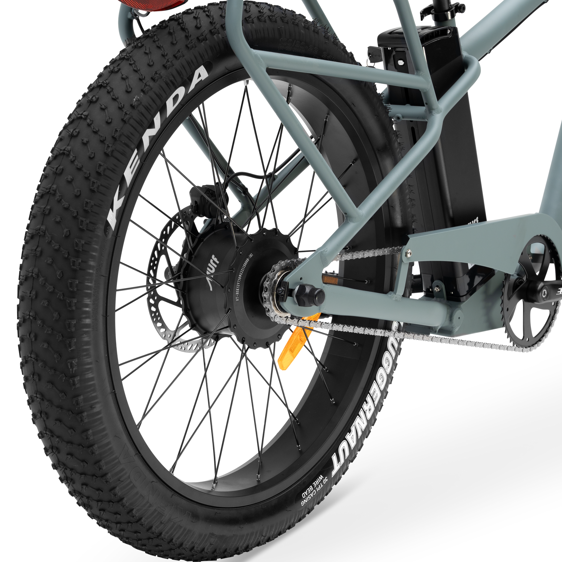 Close-up of The Alpha Murf's 26-inch by 4-inch Kenda fat tire and rear fork.
