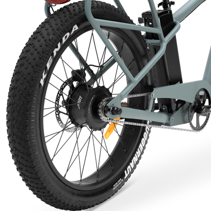 Close-up of The Alpha Murf's 26-inch by 4-inch Kenda fat tire and rear fork.