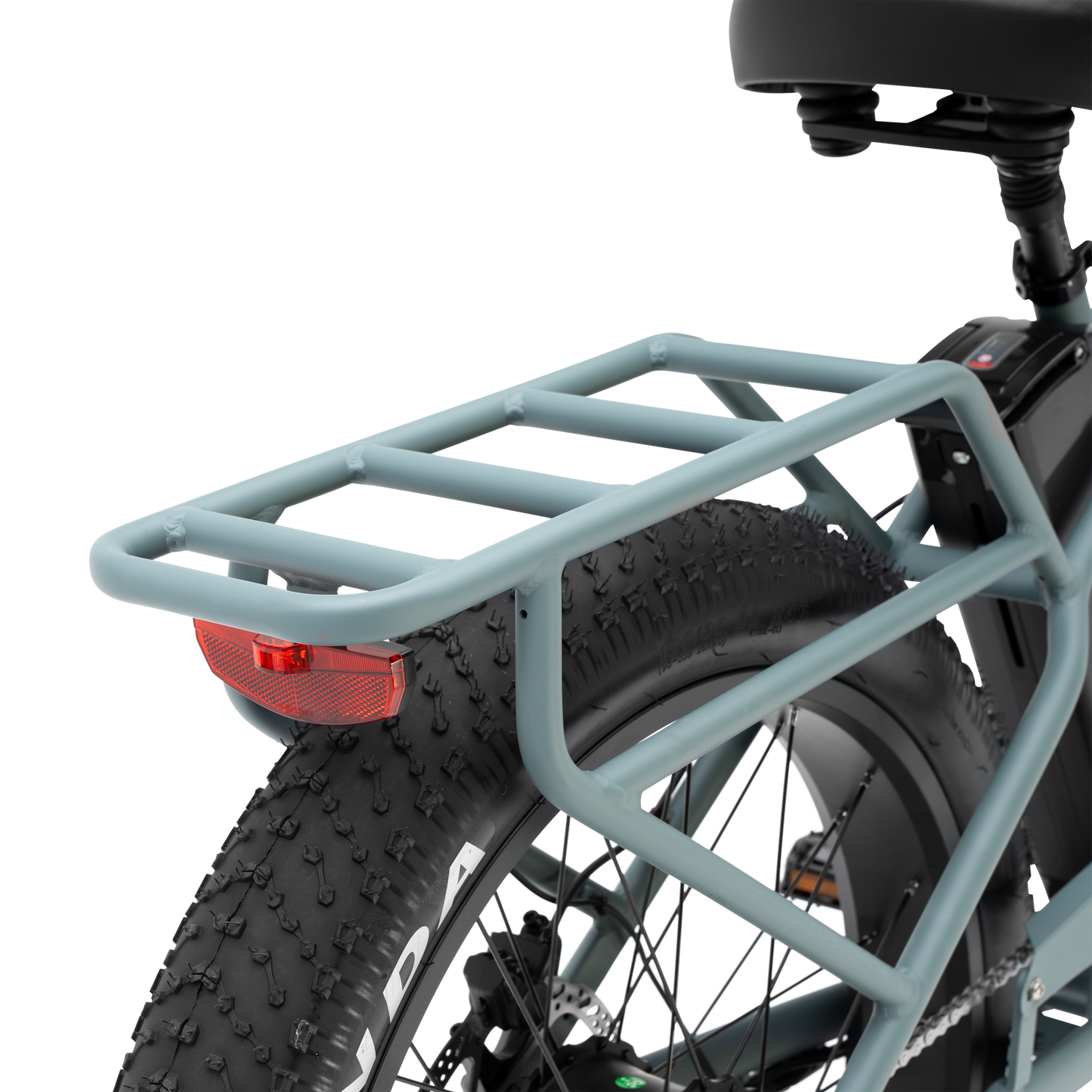 Close-up of The Alpha Murf's rugged, integrated rear rack and tail light.