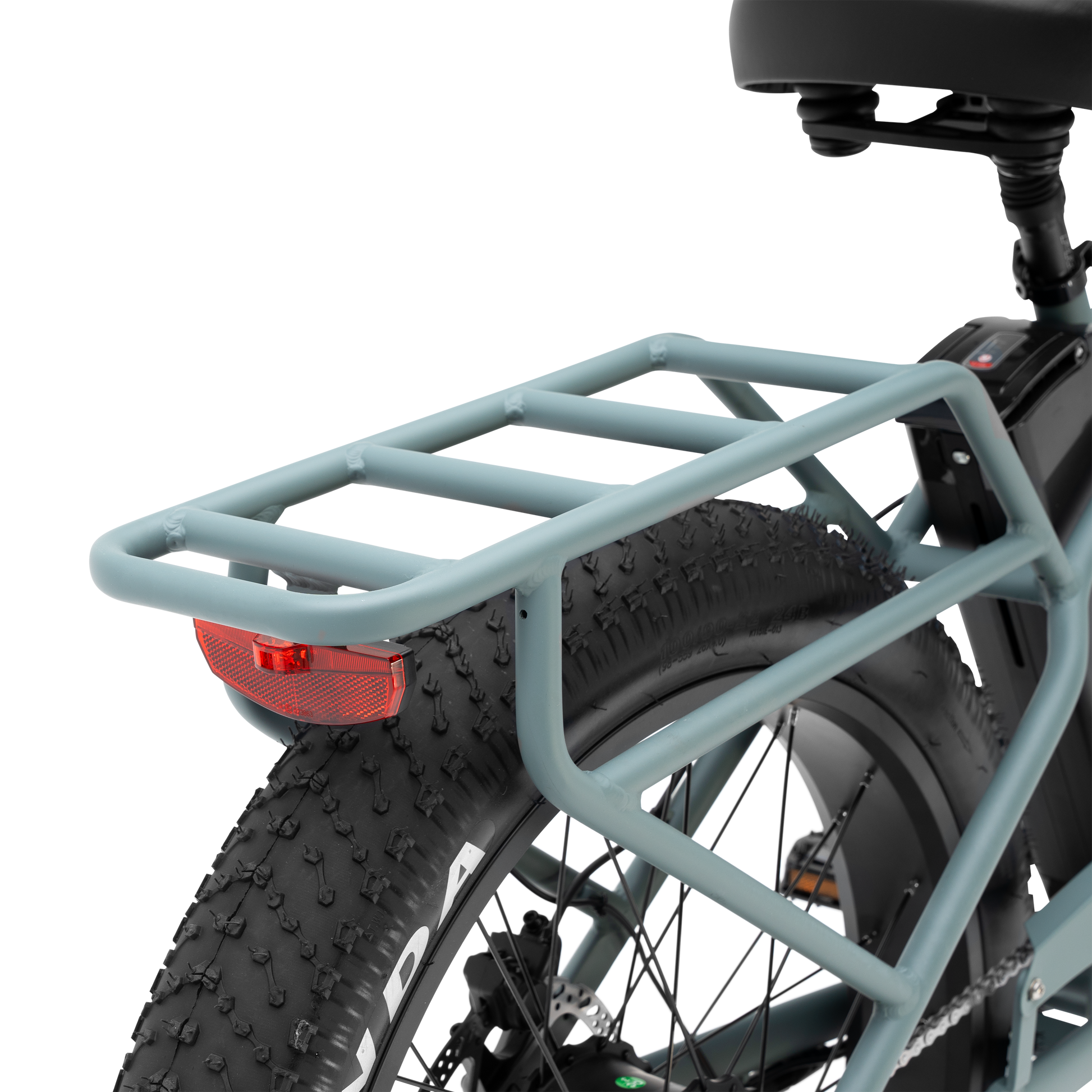 Close-up of The Alpha Murf's rugged, integrated rear rack and tail light.