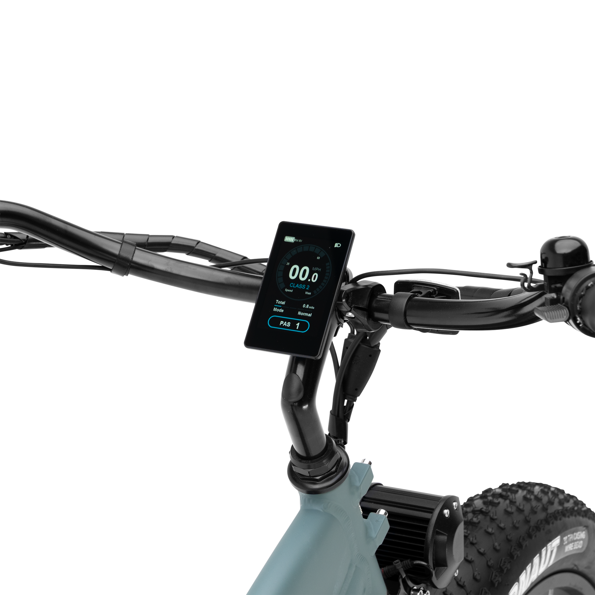 Close-up of The Alpha Murf's high-resolution color display and handlebar controls.