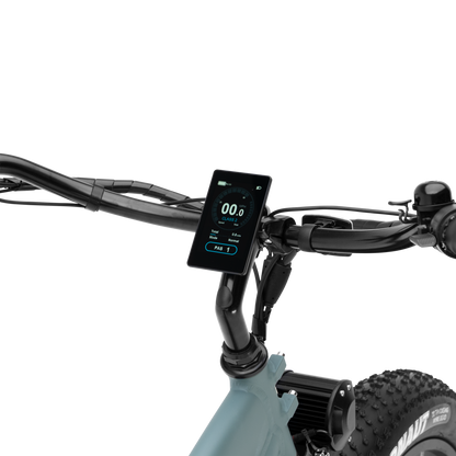 Close-up of The Alpha Murf's high-resolution color display and handlebar controls.