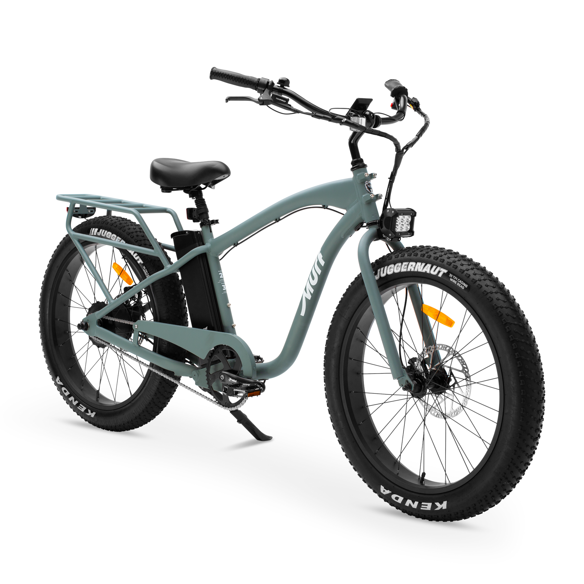 The Alpha Murf fat tire electric bike in Seabreeze Green, shown from the side in a studio view.