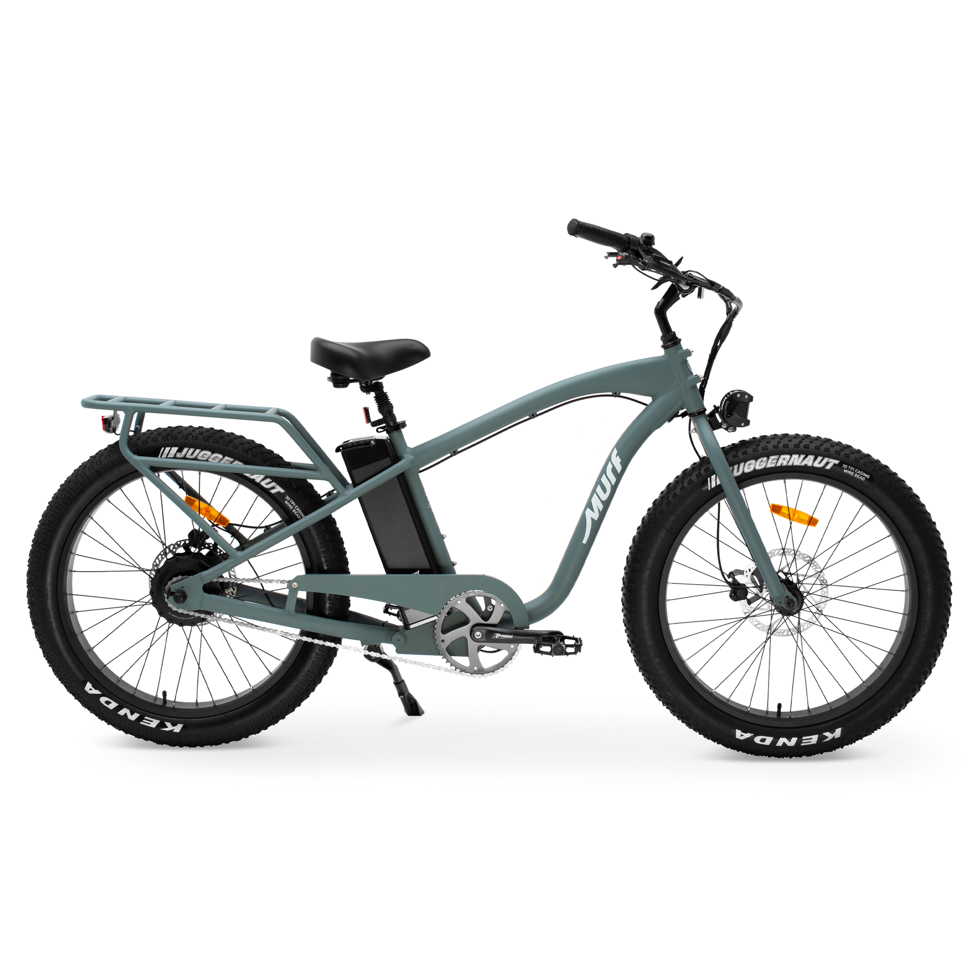 The Alpha Murf fat tire electric bike in Seabreeze Green, shown from the side in a studio view.