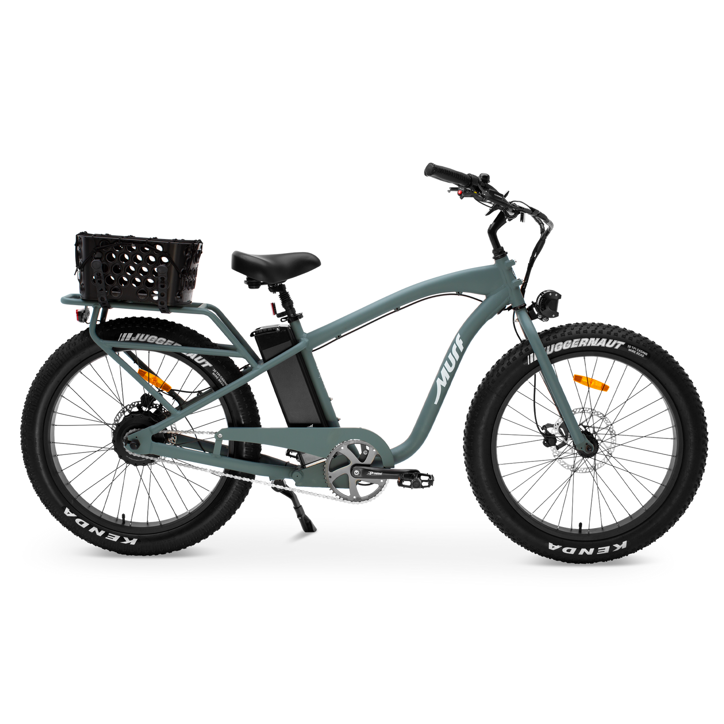 Sea Breeze colored Alpha Bike shot side view with attached basket to the rear rack