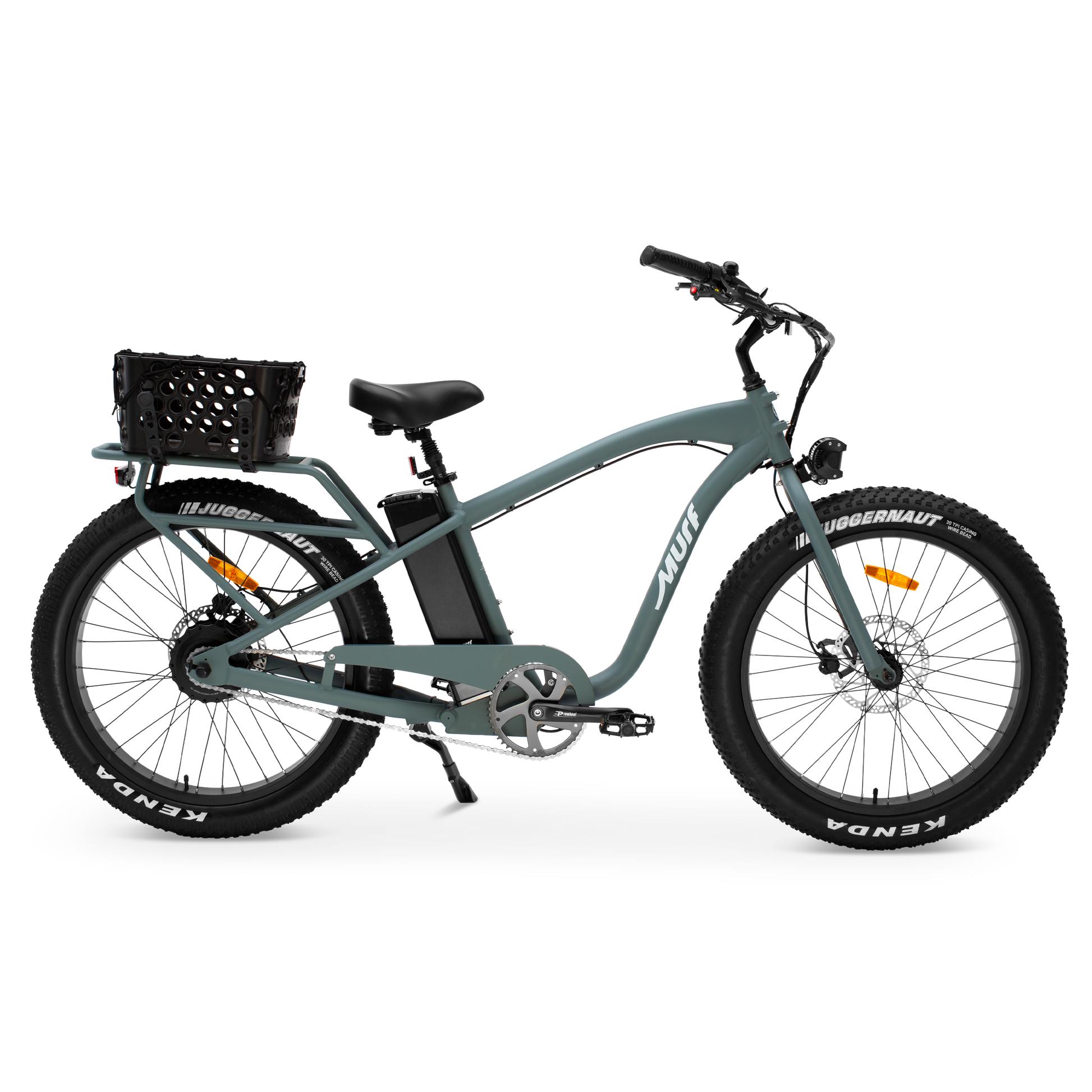 Sea Breeze colored Alpha Bike shot side view with attached basket to the rear rack