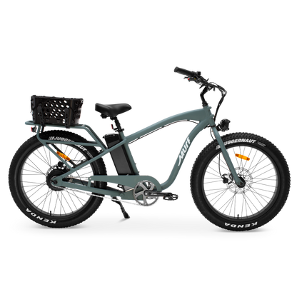 Sea Breeze colored Alpha Bike shot side view with attached basket to the rear rack