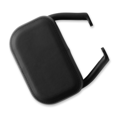 Murf Cargo Backrest made of durable synthetic leather (shown in  black), studio product photo showing the Universal Bracket mounting system.