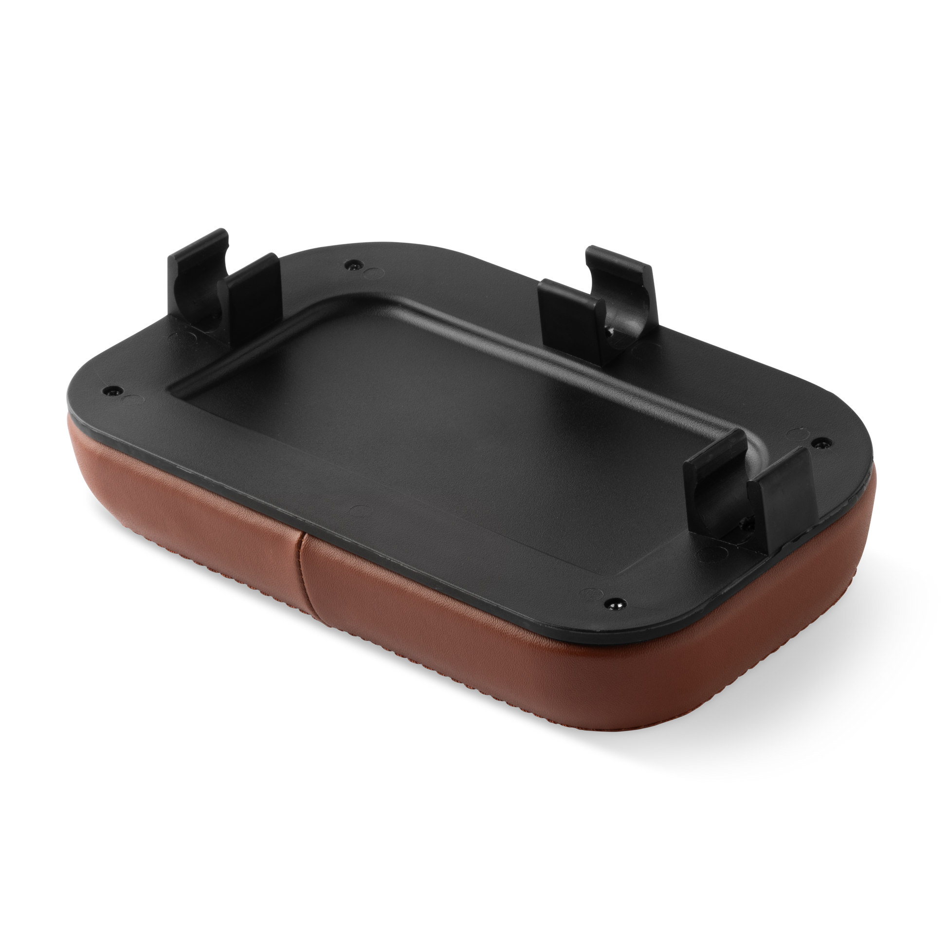 Bottom view of a brown Murf Cargo Backrest, showcasing the clips for mounting bracket 