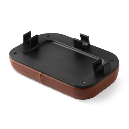 Bottom view of a brown Murf Cargo Backrest, showcasing the clips for mounting bracket 