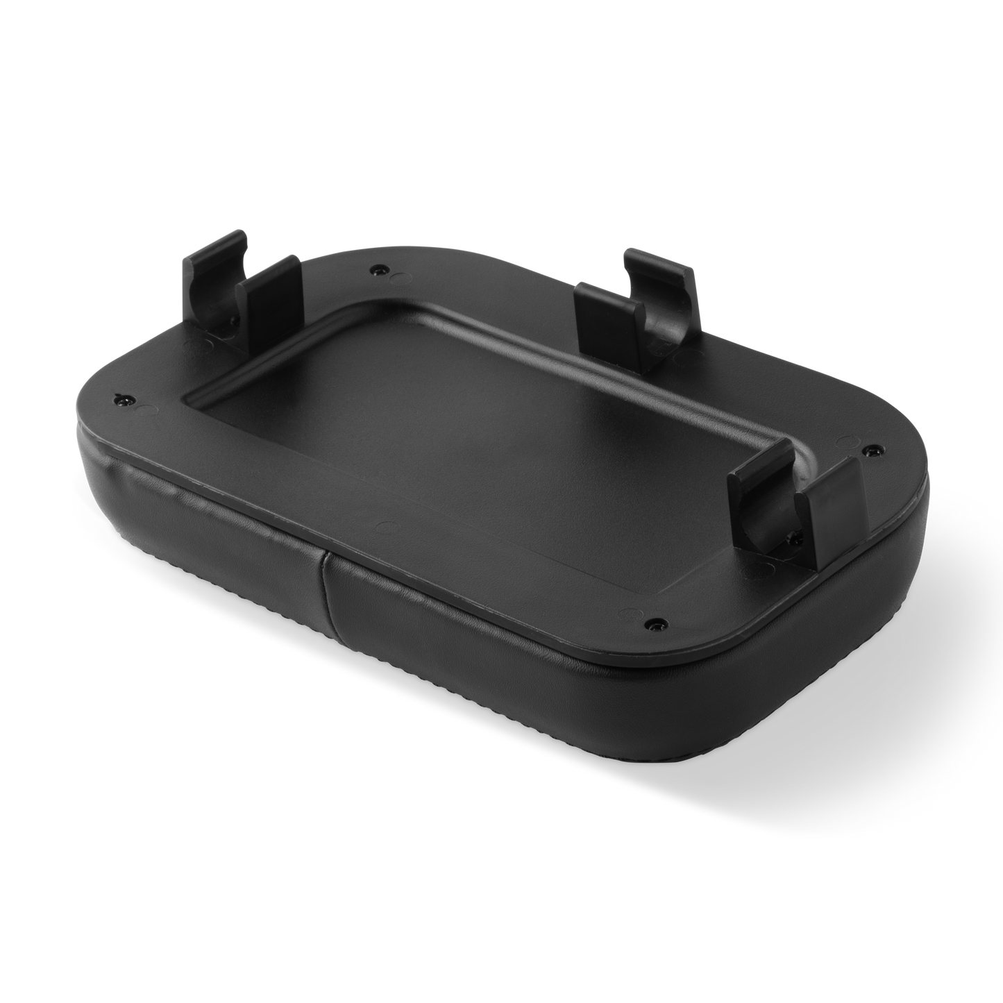 Bottom view of a black Murf Cargo Backrest, showcasing the clips for mounting bracket 