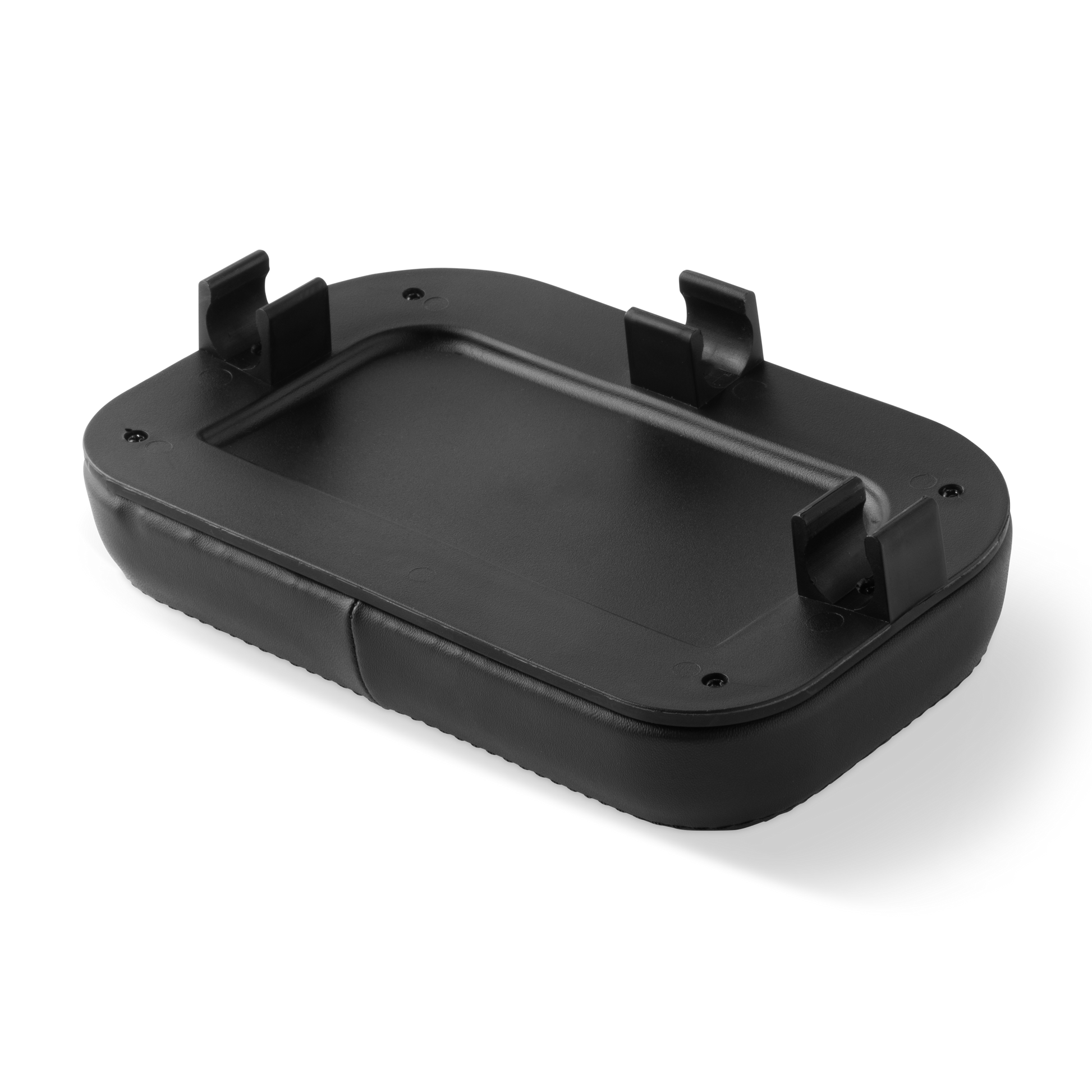 Bottom view of a black Murf Cargo Backrest, showcasing the clips for mounting bracket 