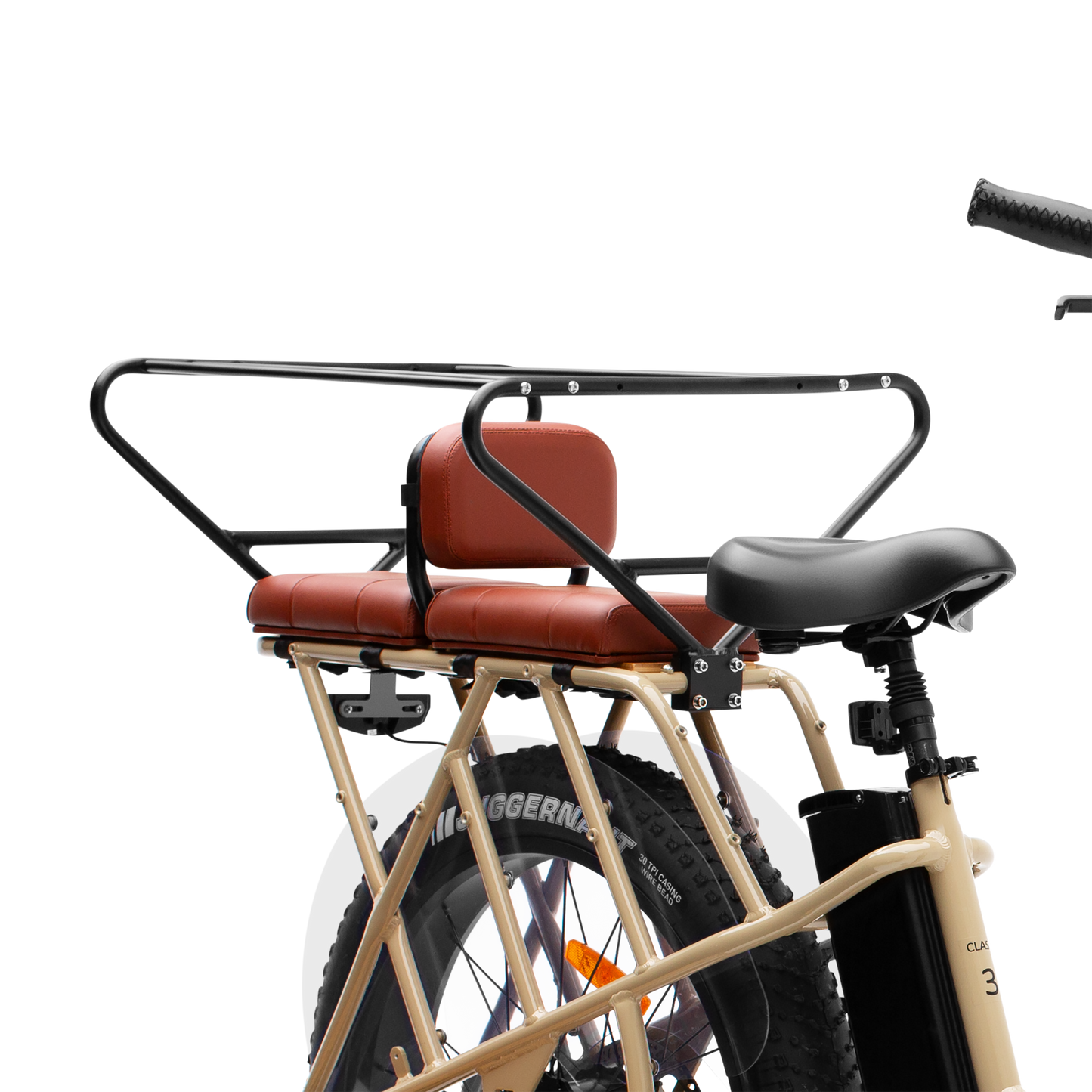 Close-up view of the brown Cargo Backrest and matching seat pad mounted on a beige Murf e-bike cargo rack, clearly showing the Cargo Support Bar installed above the backrest for passenger safety.