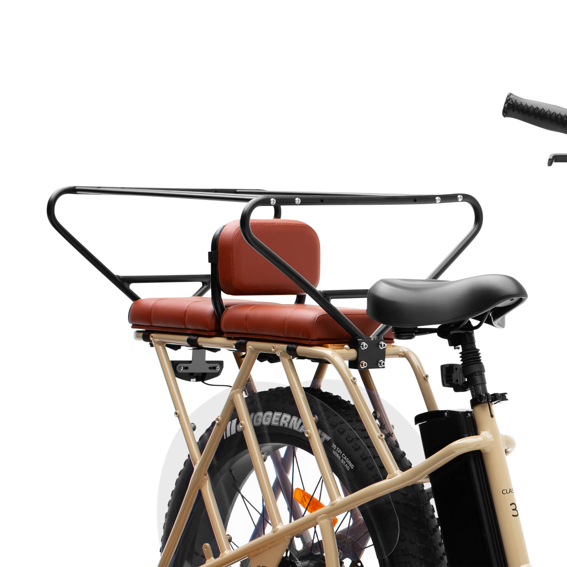 Studio shot showing the Murf Cargo Carriage assembly installed with brown seat pads and backrest, positioned behind the rider's saddle for transporting a young rider passenger.