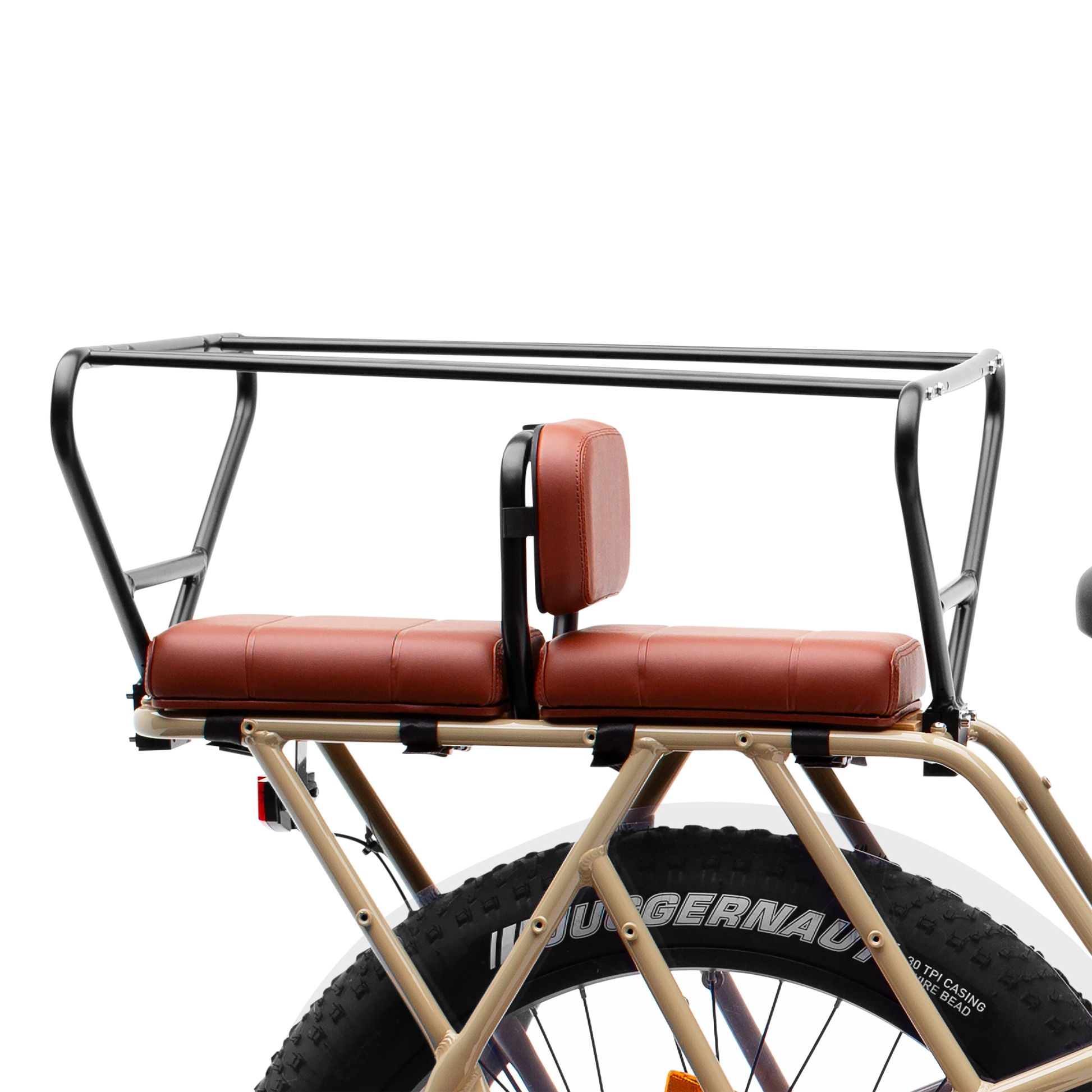 Side View of Murf Cargo Carriage product photo, powder-coated aluminum, with brown Cargo Back rest and Seat pad installed designed to safely enclose and comfortably seat young riders on the rear rack.
