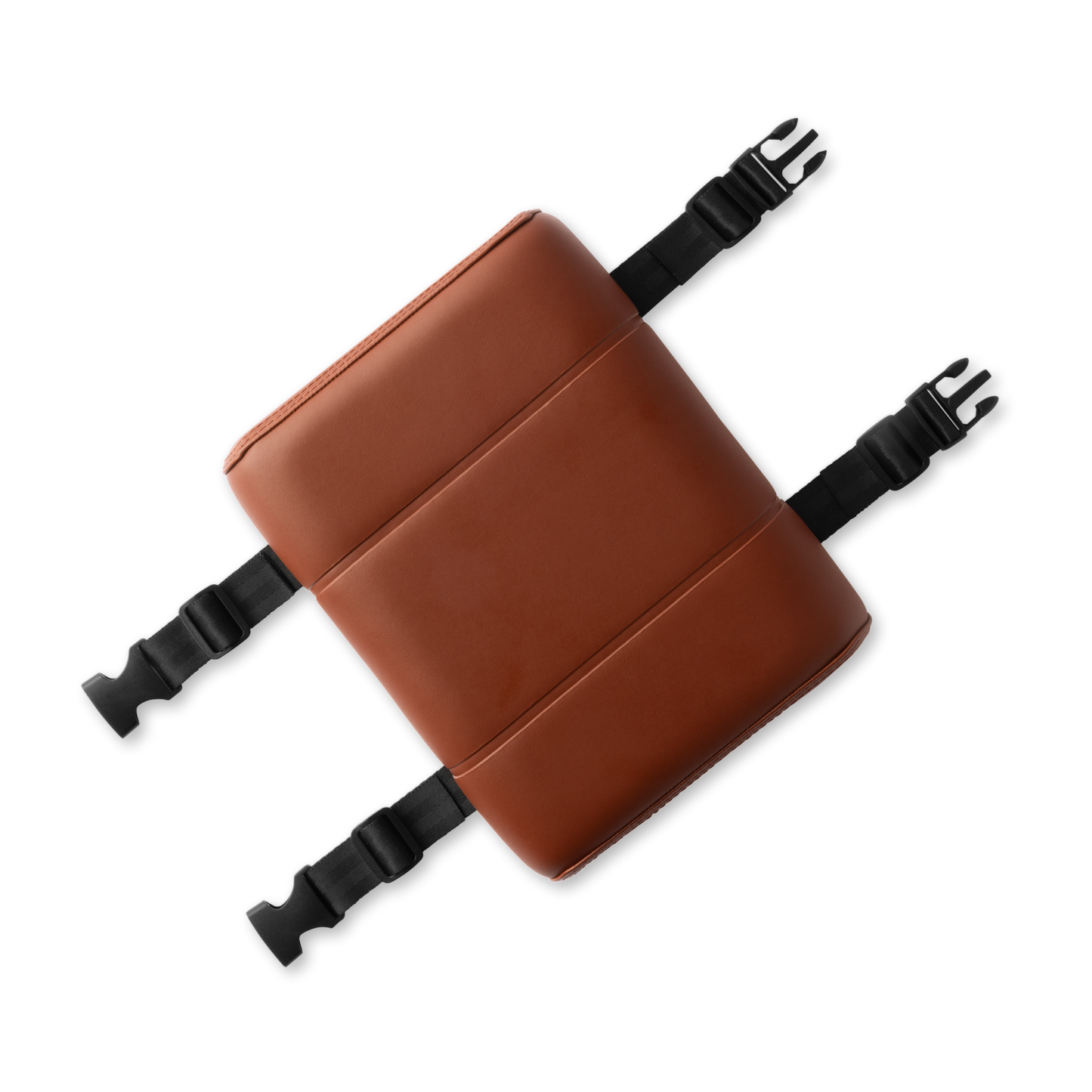 Murf Cargo Seat Pad product photo, brown synthetic leather with three stitched sections, showing black nylon straps and quick release buckles.