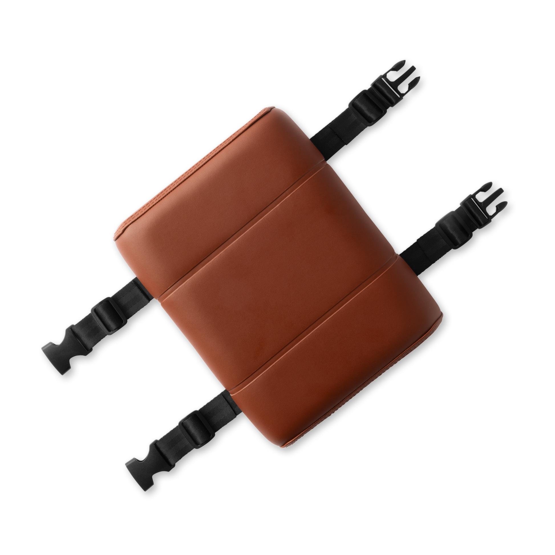 Murf Cargo Seat Pad product photo, brown synthetic leather with three stitched sections, showing black nylon straps and quick release buckles.