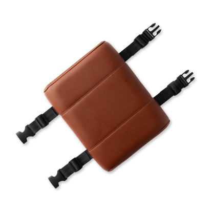 Murf Cargo Seat Pad product photo, brown synthetic leather with three stitched sections, showing black nylon straps and quick release buckles.
