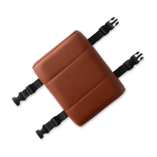 Murf Cargo Seat Pad product photo, brown synthetic leather with three stitched sections, showing black nylon straps and quick release buckles.
