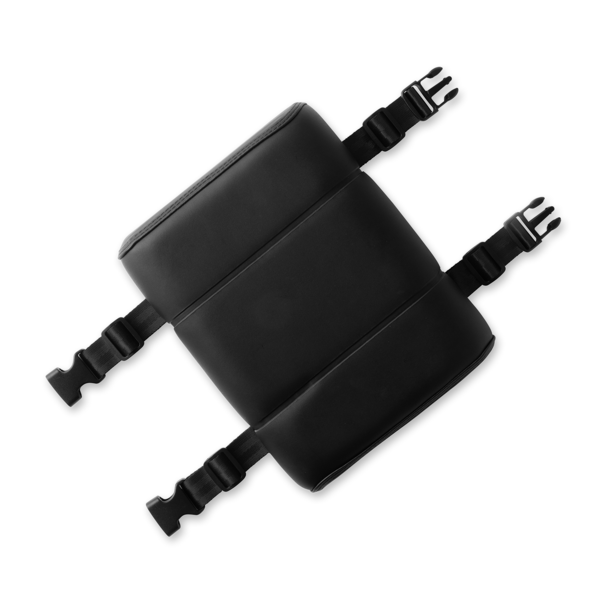 Murf Cargo Seat Pad product photo, black synthetic leather with three stitched sections, showing black nylon straps and quick release buckles.